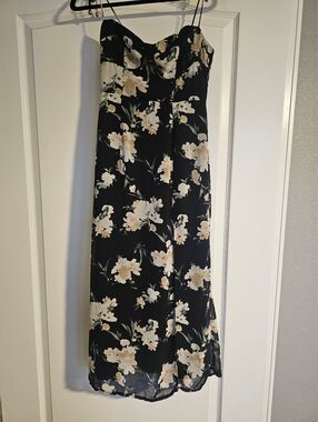 Black Floral Midi Dress Slit Wedding Guest Size 2 Petal & Pup